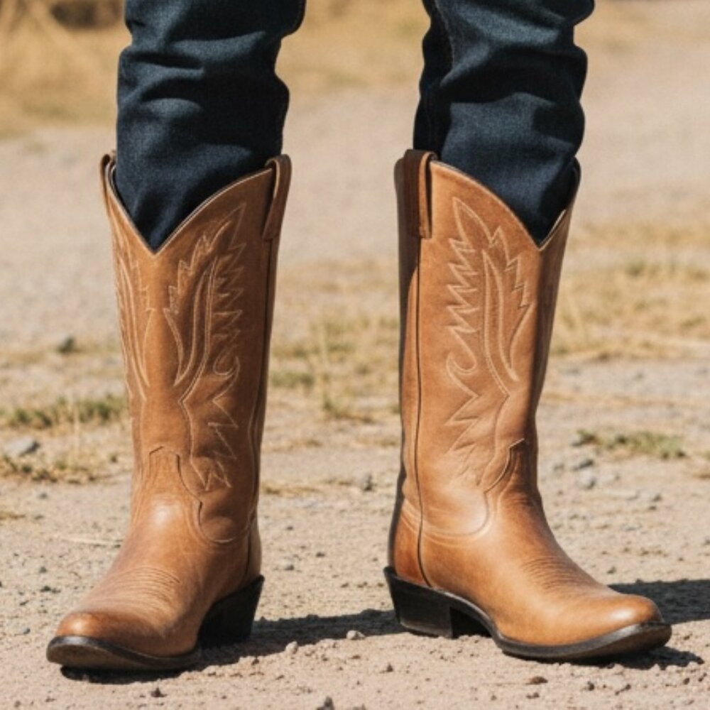 VTG Old West Leather Western Classic Cowboy‎ Boots Men's 10D Tan #118N